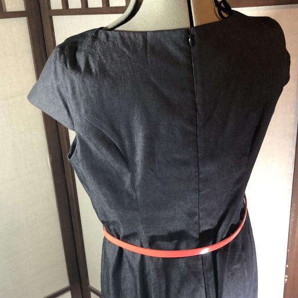 ALYX Womens Chambray Sheath Dress Size 14 Dark Wash Denimlike Belted Cap Sleeve - Picture 6 of 11